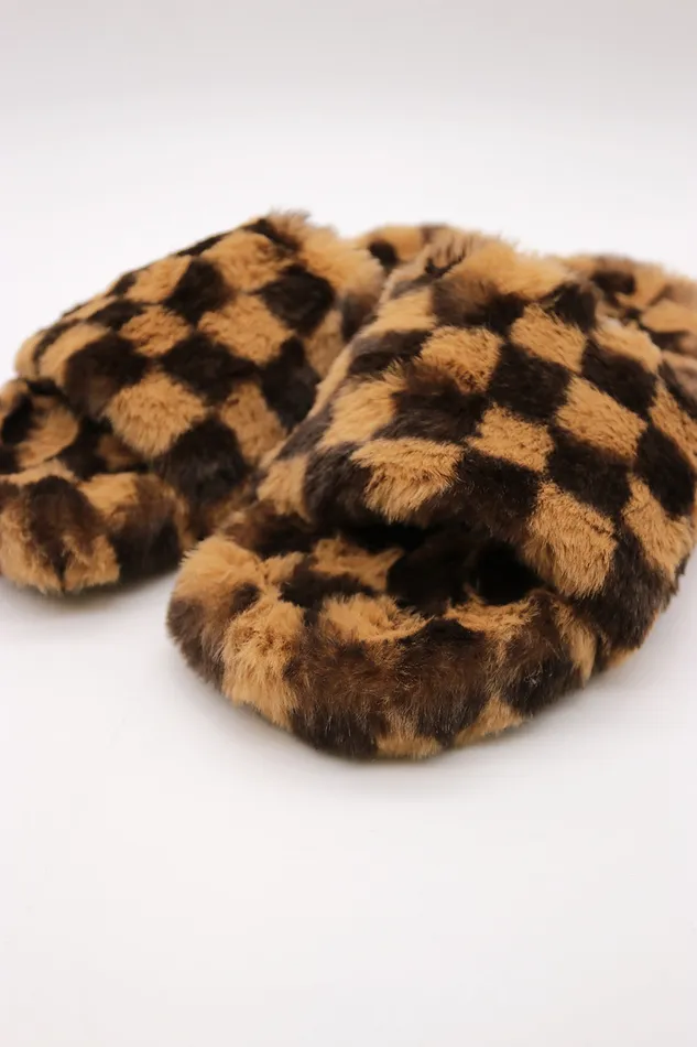 Storets Yva Checkerboard Faux Fur Open Slipper Women Shoes