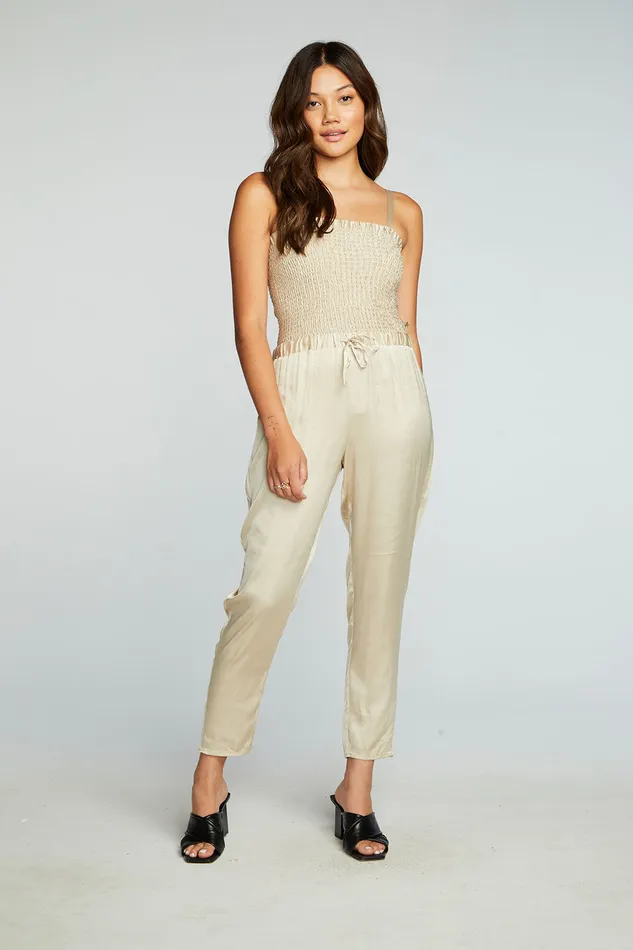 Stretch Silky Basics Smocked Drawstring Waist Jumpsuit Womens Bottoms Chaser Brand
