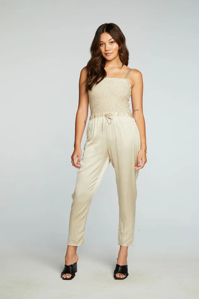 Stretch Silky Basics Smocked Drawstring Waist Jumpsuit Womens Bottoms Chaser Brand