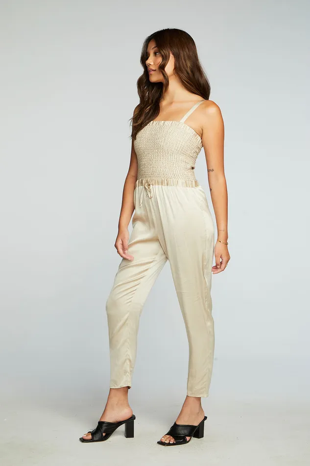 Stretch Silky Basics Smocked Drawstring Waist Jumpsuit Womens Bottoms Chaser Brand