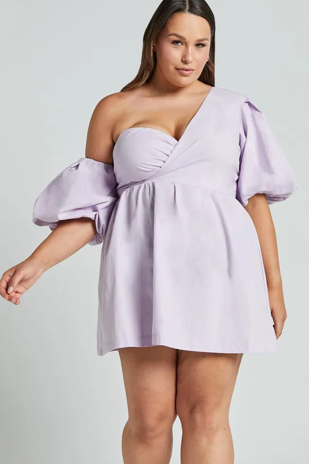 Sula Mini Dress 8211 Asymmetric Off One Shoulder Puff Sleeve Dress In Lilac Women Showpo Curve Clothes
