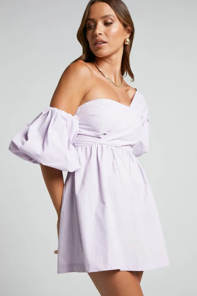 Sula Mini Dress 8211 Asymmetric Off One Shoulder Puff Sleeve Dress In Lilac Women Showpo Curve Clothes