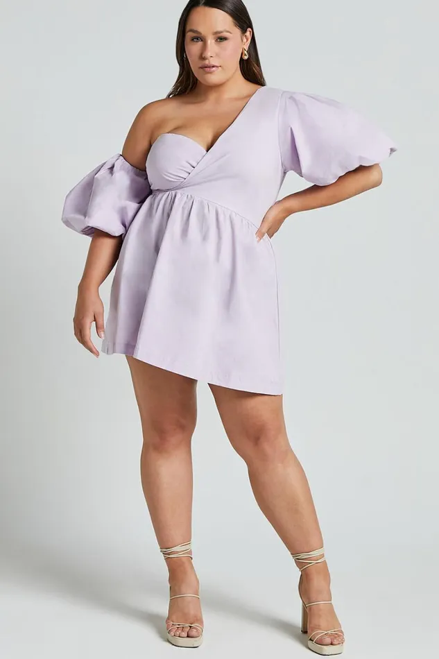 Sula Mini Dress 8211 Asymmetric Off One Shoulder Puff Sleeve Dress In Lilac Women Showpo Curve Clothes