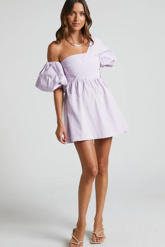 Sula Mini Dress 8211 Asymmetric Off One Shoulder Puff Sleeve Dress In Lilac Women Showpo Curve Clothes