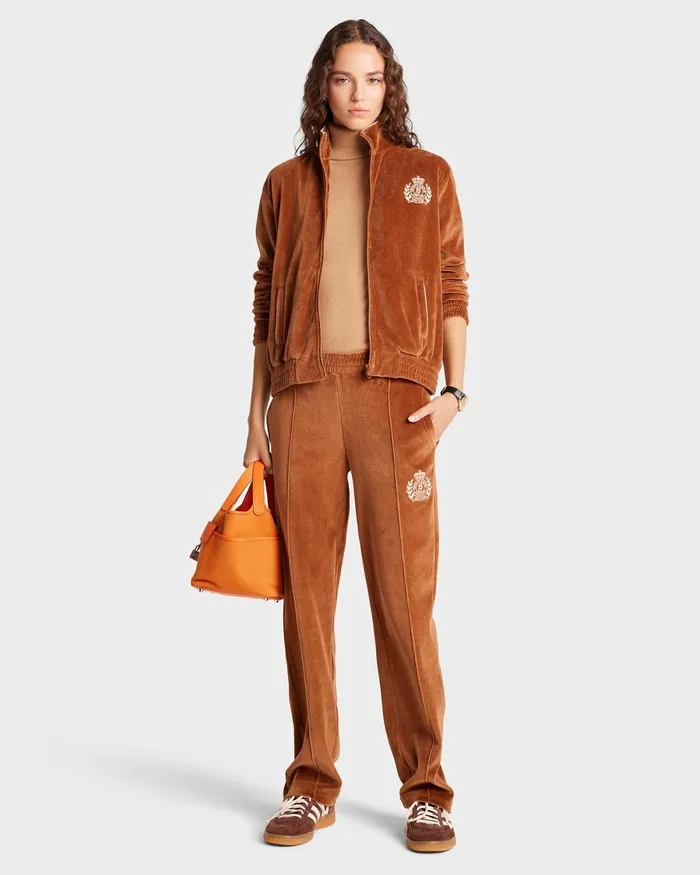 Sweatpants Men Sporty and Rich NY Crest Velour Track Pant 8211 TobaccoCream