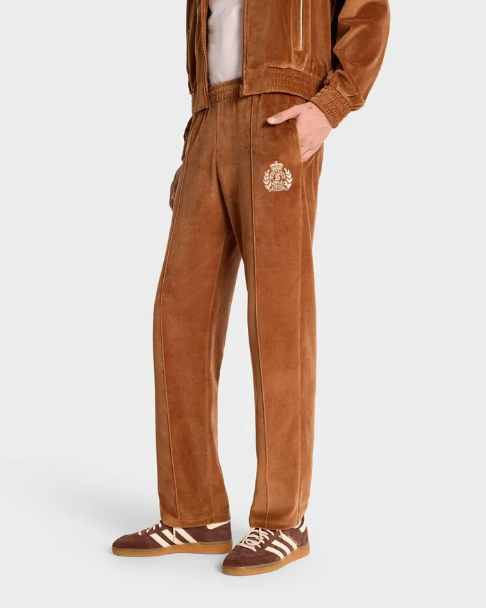 Sweatpants Men Sporty and Rich NY Crest Velour Track Pant 8211 TobaccoCream