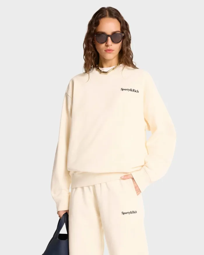 Sweatshirts Women Sporty and Rich Serif Logo Crewneck 8211 CreamNavy