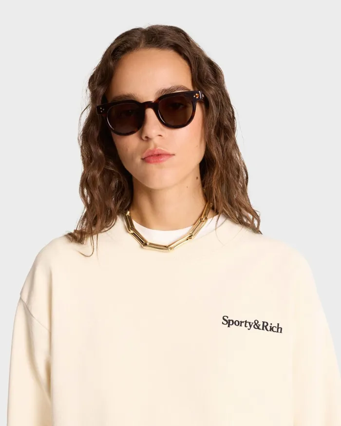 Sweatshirts Women Sporty and Rich Serif Logo Crewneck 8211 CreamNavy