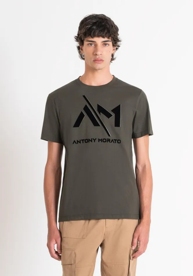 TShirts And Polo Men Antony Morato Regular Fit TShirt In Cotton Jersey With Printed Logo Dark Olive Green