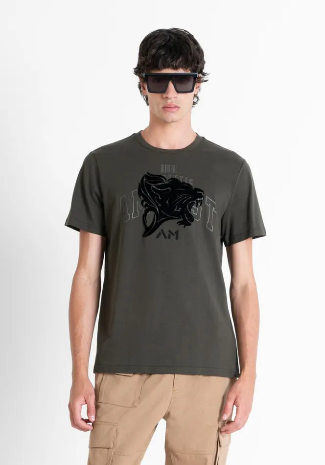 TShirts And Polo Men Antony Morato Regular Fit TShirt In Cotton Jersey With SpongeEffect Print Dark Olive Green