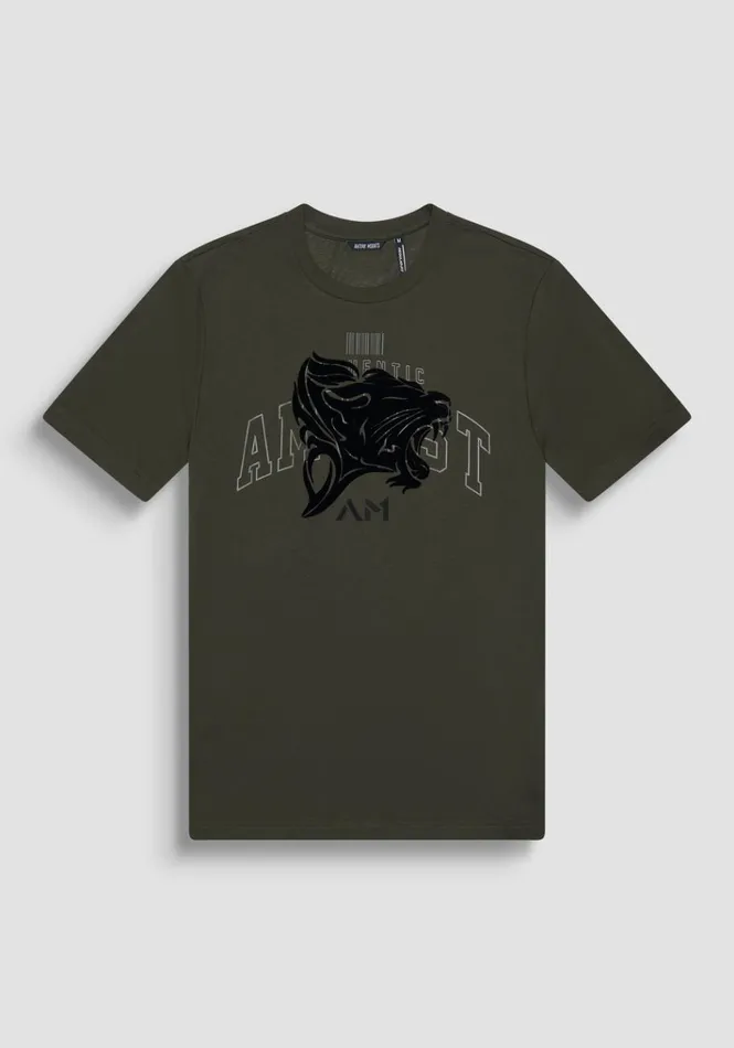 TShirts And Polo Men Antony Morato Regular Fit TShirt In Cotton Jersey With SpongeEffect Print Dark Olive Green