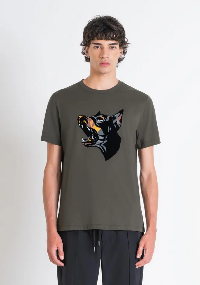 TShirts And Polo Men Antony Morato Regular Fit TShirt In Green Cotton Jersey With Dobermann Print Dark Olive Green TShirts And Polo Men Antony Morato Regular Fit TShirt In Green Cotton Jersey With Dobermann Print Dark Olive Green