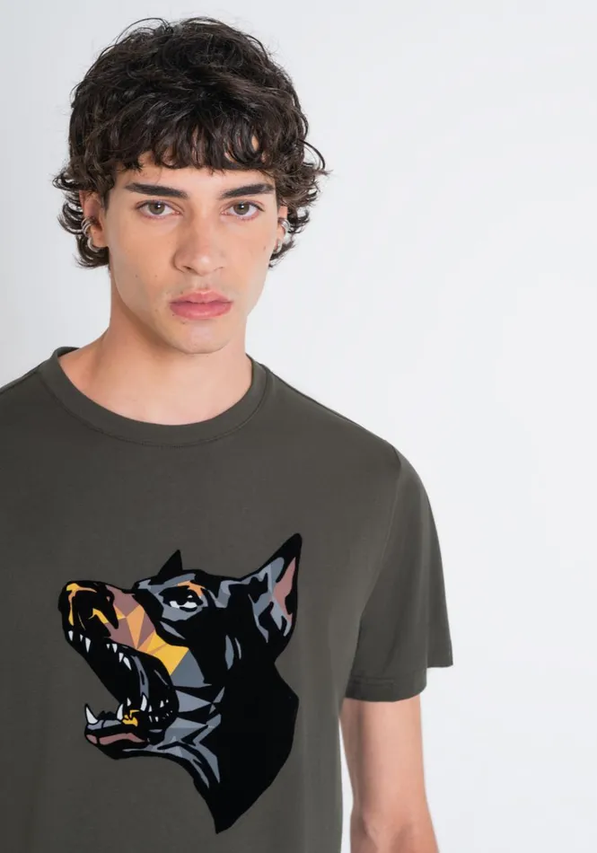 TShirts And Polo Men Antony Morato Regular Fit TShirt In Green Cotton Jersey With Dobermann Print Dark Olive Green