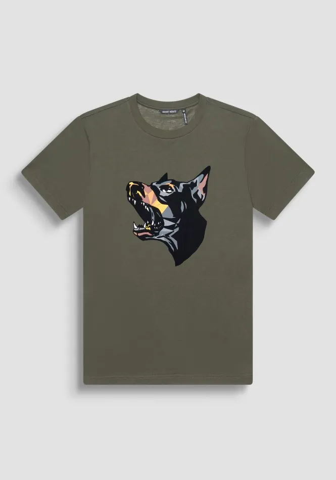 TShirts And Polo Men Antony Morato Regular Fit TShirt In Green Cotton Jersey With Dobermann Print Dark Olive Green