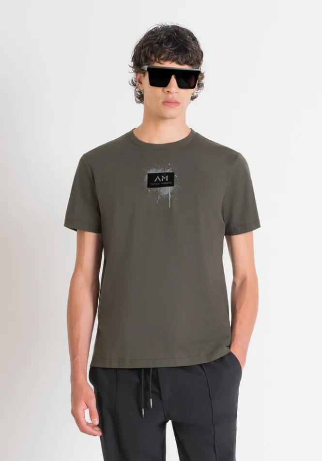 TShirts And Polo Men Antony Morato Regular Fit TShirt In Green Cotton Jersey With Street Print Dark Olive Green TShirts And Polo Men Antony Morato Regular Fit TShirt In Green Cotton Jersey With Street Print Dark Olive Green