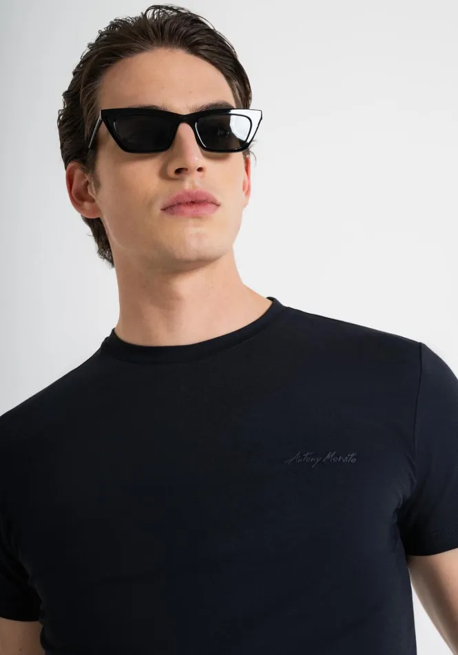TShirts And Polo Men Antony Morato Super Slim Fit TShirt In Stretch Cotton With LeftHandSide Logo Blue Ink