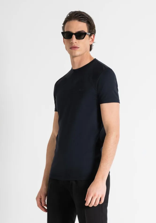 TShirts And Polo Men Antony Morato Super Slim Fit TShirt In Stretch Cotton With LeftHandSide Logo Blue Ink