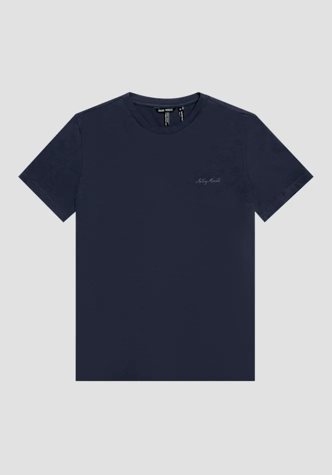 TShirts And Polo Men Antony Morato Super Slim Fit TShirt In Stretch Cotton With LeftHandSide Logo Blue Ink