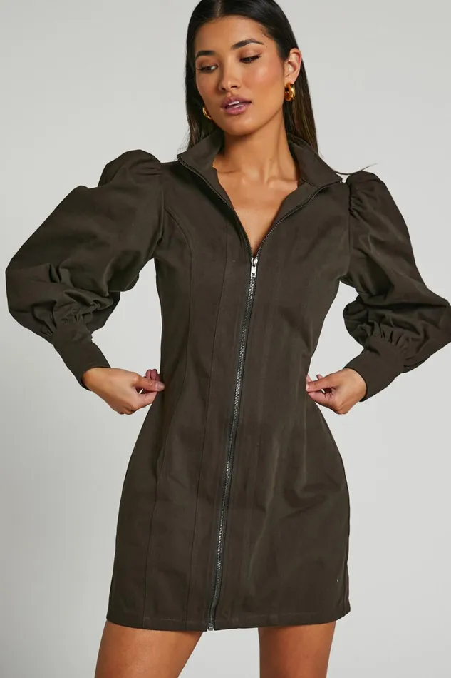 Tallis Mini Dress 8211 Sleeve Zip Front Dress In Dark Charcoal Women Showpo Curve Clothes
