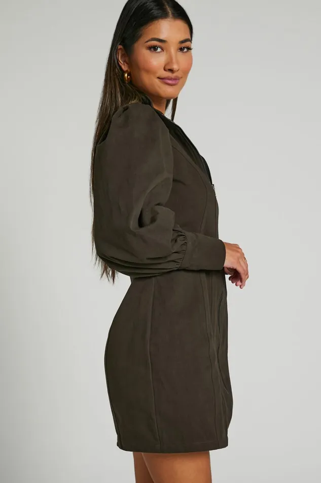 Tallis Mini Dress 8211 Sleeve Zip Front Dress In Dark Charcoal Women Showpo Curve Clothes