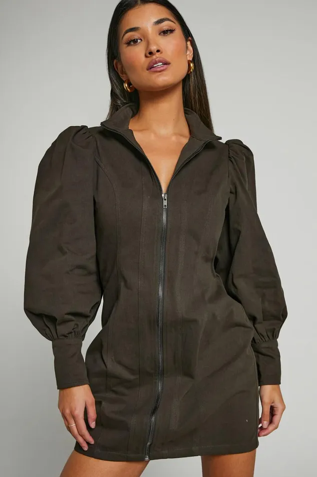 Tallis Mini Dress 8211 Sleeve Zip Front Dress In Dark Charcoal Women Showpo Curve Clothes