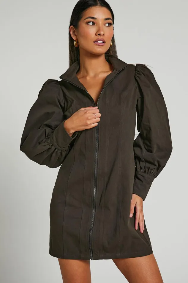 Tallis Mini Dress 8211 Sleeve Zip Front Dress In Dark Charcoal Women Showpo Curve Clothes