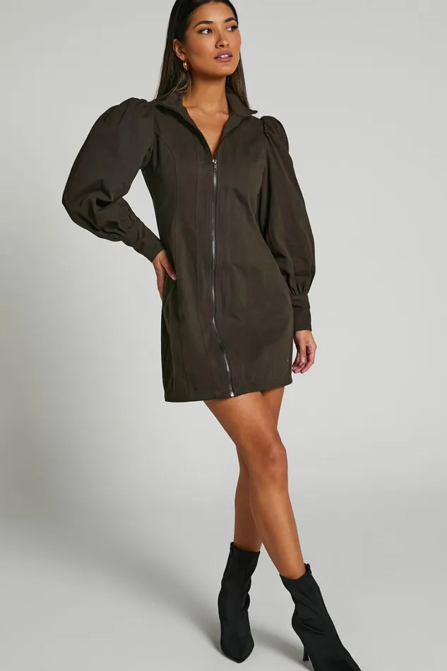 Tallis Mini Dress 8211 Sleeve Zip Front Dress In Dark Charcoal Women Showpo Curve Clothes