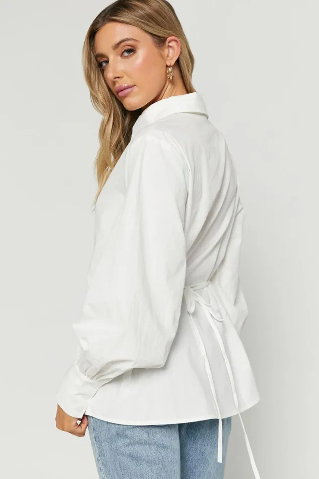 Tansu Long Sleeve Tie Back Shirt In White Women Showpo Tops
