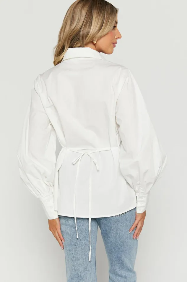 Tansu Long Sleeve Tie Back Shirt In White Women Showpo Tops