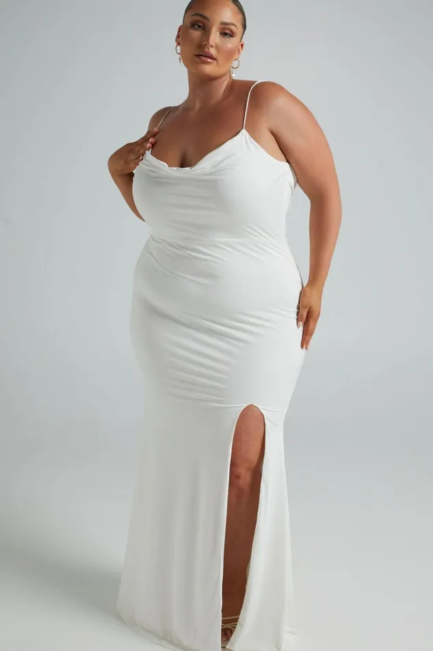 Tasteful Midi Dress 8211 Cowl Neck Bodycon Thigh Split Dress In White Women Showpo Curve Clothes