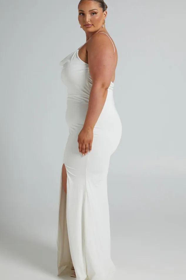 Tasteful Midi Dress 8211 Cowl Neck Bodycon Thigh Split Dress In White Women Showpo Curve Clothes