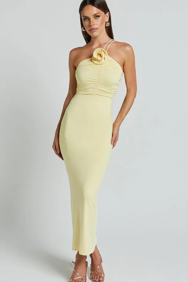 Teagan Midi Dress 8211 Bodycon Ruched Asymmetric Strap Rosette Dress In Lemon Women Showpo Dresses Teagan Midi Dress 8211 Bodycon Ruched Asymmetric Strap Rosette Dress In Lemon Women Showpo Dresses