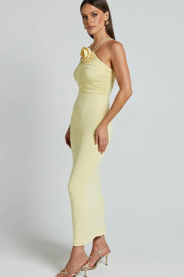 Teagan Midi Dress 8211 Bodycon Ruched Asymmetric Strap Rosette Dress In Lemon Women Showpo Dresses