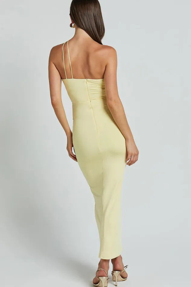 Teagan Midi Dress 8211 Bodycon Ruched Asymmetric Strap Rosette Dress In Lemon Women Showpo Dresses