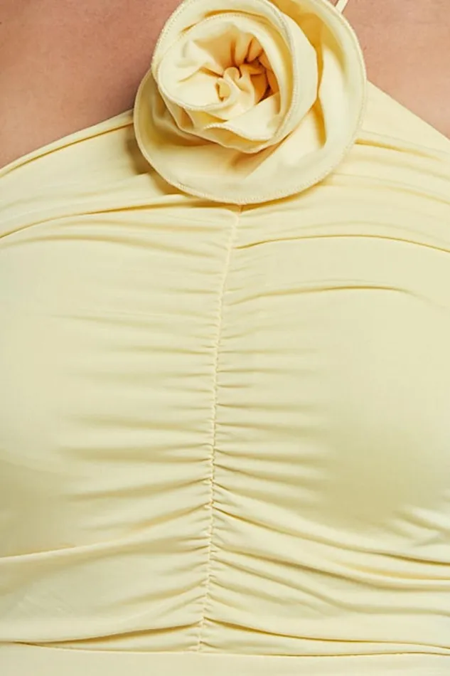 Teagan Midi Dress 8211 Bodycon Ruched Asymmetric Strap Rosette Dress In Lemon Women Showpo Dresses