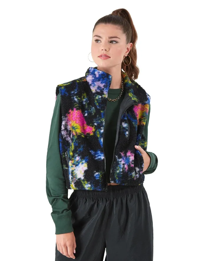 Teddy Fleece Reversible Vest Floral Print Floral Glitch Blackblack Women Champion Jackets