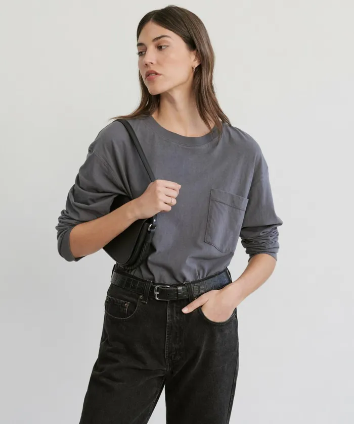 Tees and Tanks Women Jenni Kayne LongSleeve Vintage Pocket Tee Charcoal