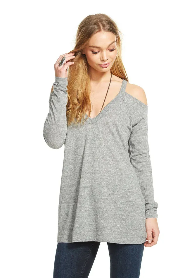 TRIBLEND JERSEY COLD SHOULDER LS V NECK RAGLAN TEE Loungewear Chaser Brand Womens