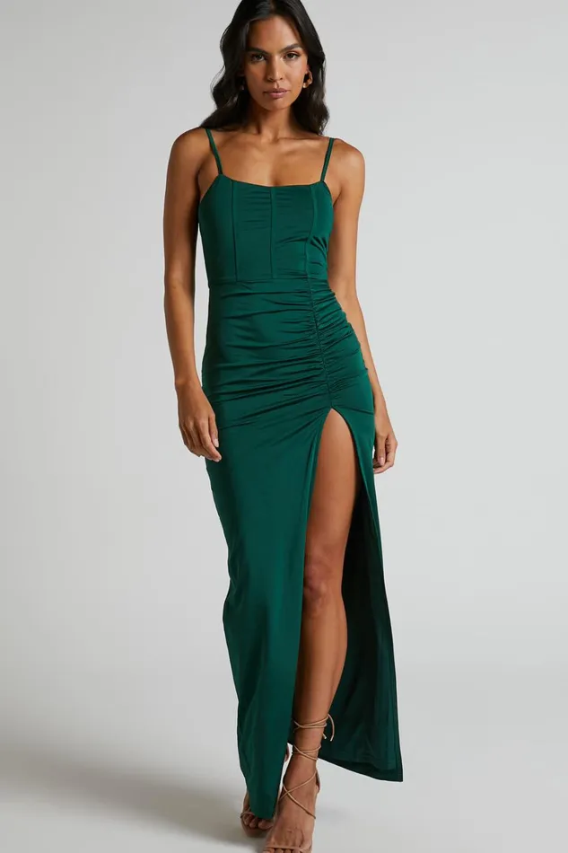 Trinah Midi Dress 8211 Corset Thigh Split Dress In Emerald Women Showpo Curve Clothes