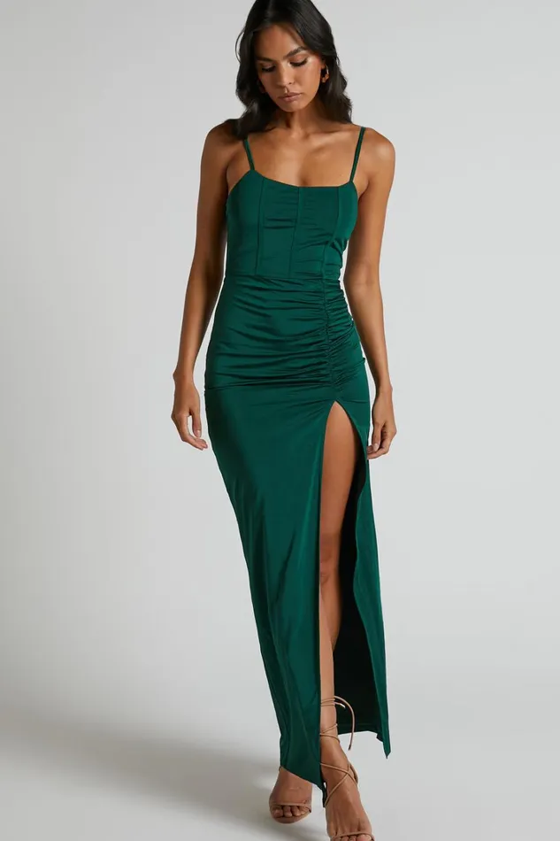 Trinah Midi Dress 8211 Corset Thigh Split Dress In Emerald Women Showpo Curve Clothes