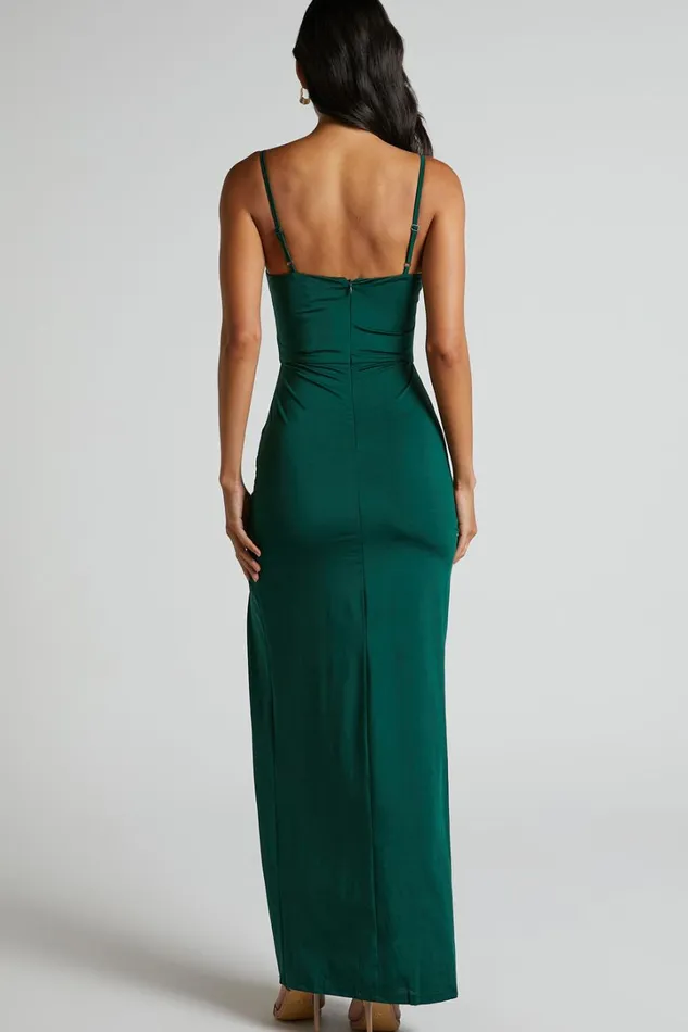 Trinah Midi Dress 8211 Corset Thigh Split Dress In Emerald Women Showpo Curve Clothes