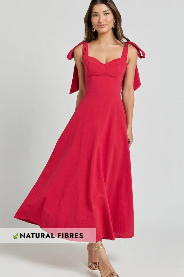 Tymia Midi Dress 8211 Shoulder Tie Bustier Shirred Back A Line In Red Women Showpo Conscious Tymia Midi Dress 8211 Shoulder Tie Bustier Shirred Back A Line In Red Women Showpo Conscious