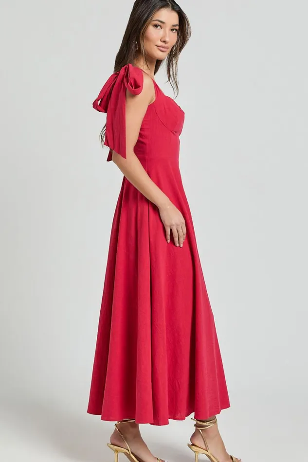 Tymia Midi Dress 8211 Shoulder Tie Bustier Shirred Back A Line In Red Women Showpo Conscious