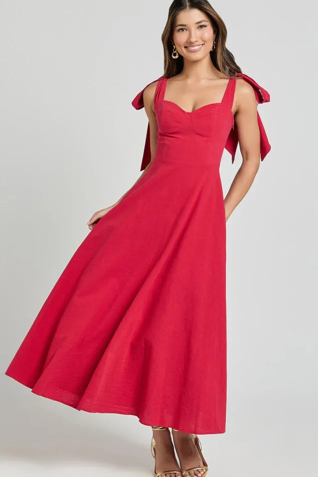 Tymia Midi Dress 8211 Shoulder Tie Bustier Shirred Back A Line In Red Women Showpo Conscious