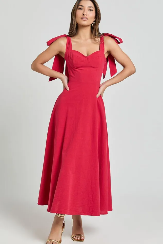 Tymia Midi Dress 8211 Shoulder Tie Bustier Shirred Back A Line In Red Women Showpo Conscious