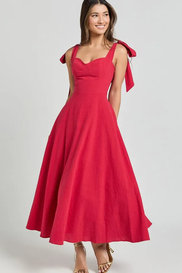 Tymia Midi Dress 8211 Shoulder Tie Bustier Shirred Back A Line In Red Women Showpo Conscious