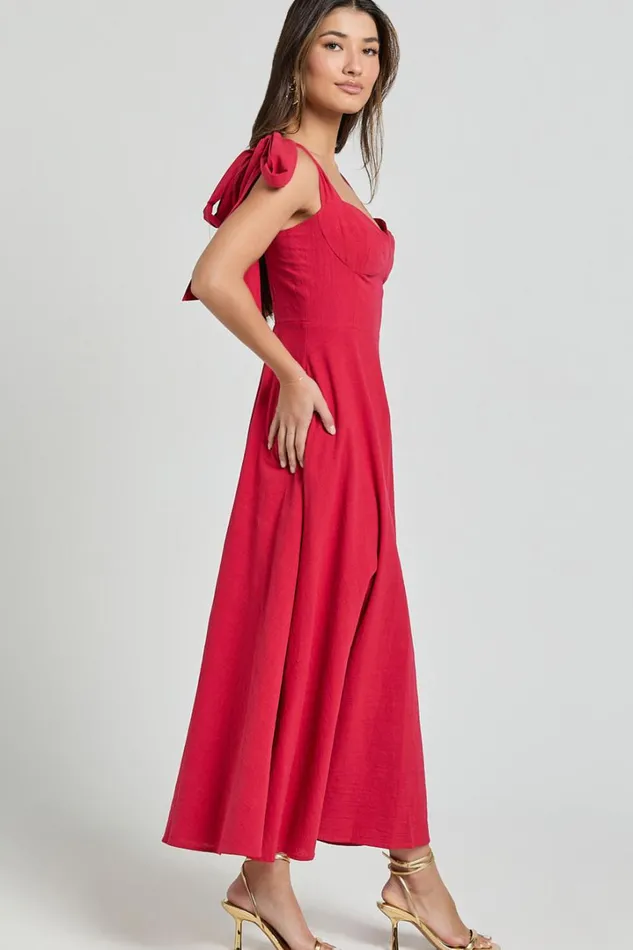 Tymia Midi Dress 8211 Shoulder Tie Bustier Shirred Back A Line In Red Women Showpo Conscious