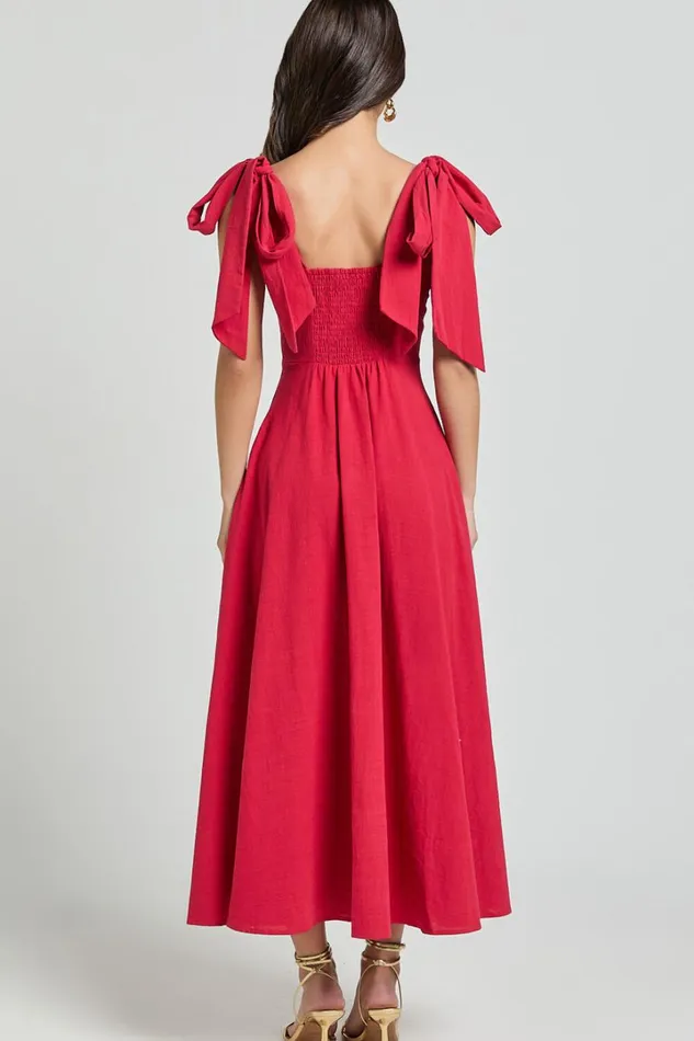 Tymia Midi Dress 8211 Shoulder Tie Bustier Shirred Back A Line In Red Women Showpo Conscious