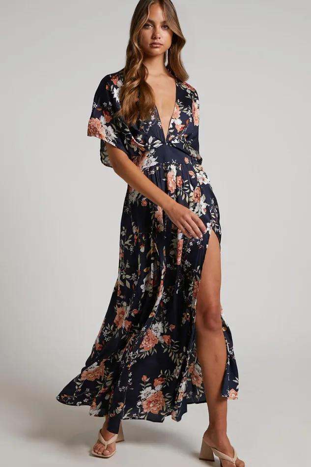 Vacay Ready Midi Dress 8211 Plunge Thigh Split Dress In Navy Multi Floral Women Showpo Dresses