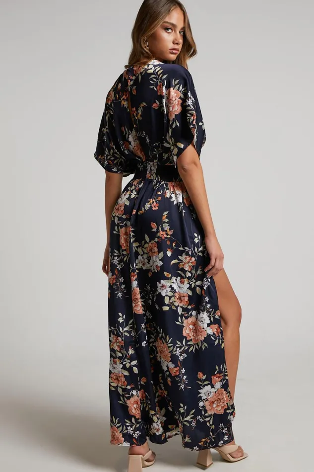 Vacay Ready Midi Dress 8211 Plunge Thigh Split Dress In Navy Multi Floral Women Showpo Dresses